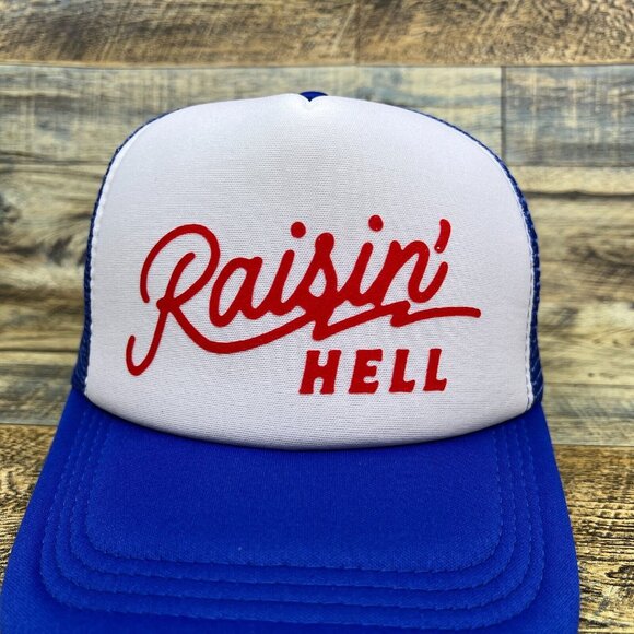 Raisin' Hell Unisex Trucker Hat Blue Snapback Country Western Era Cowgirl Cap - Picture 3 of 7